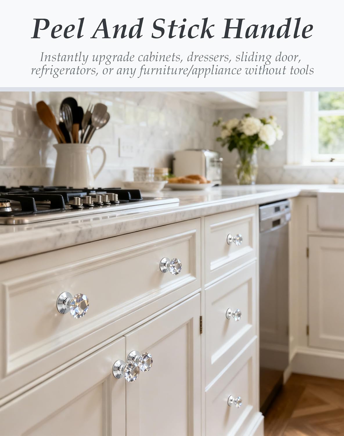 8 Pcs Crystal Self Adhesive Knobs Clear Diamond Dresser Knobs Self Stick Cabinet Handles Bling Stick on Glass Drawer Pulls Removable No Drill Pulls for Mirror Doors Medicine Cabinet Closet