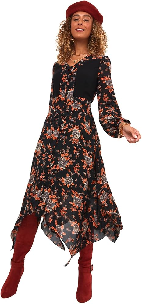 Joe Browns Women's Asymmetric Autumnal Florals Printed Dress Casual Night