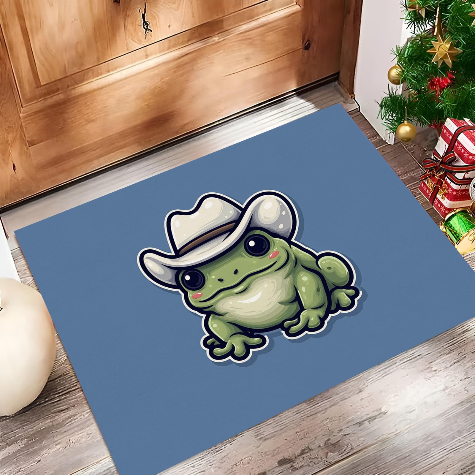 Tapis entree interieur grenouille cowboy 60x90 paillasson lavable bleu