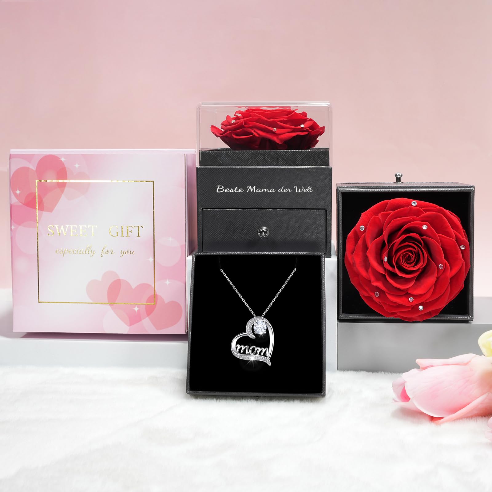Sunia Idee Cadeau Maman,Rose Eternelle avec Bijoux avec Argent 925 Collier, Beste Mama der Welt, Rose Préservée Fleurs Cadeau pour la fête des Mères Anniversaire Noel Cadeau pour Maman Grand-mère