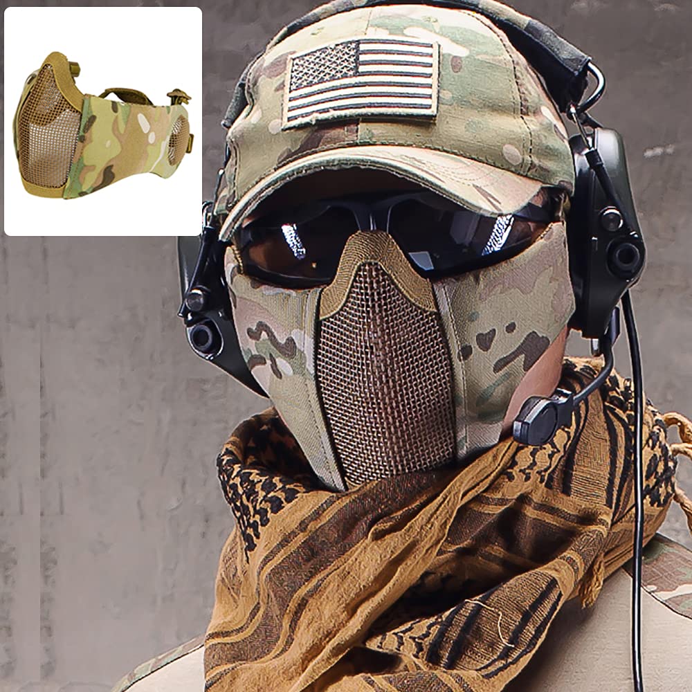 Maschera pieghevole per softair, maschera a mezzo viso in rete con protezione per le orecchie, per giochi di guerra Cs, pistola BB, caccia, paintball