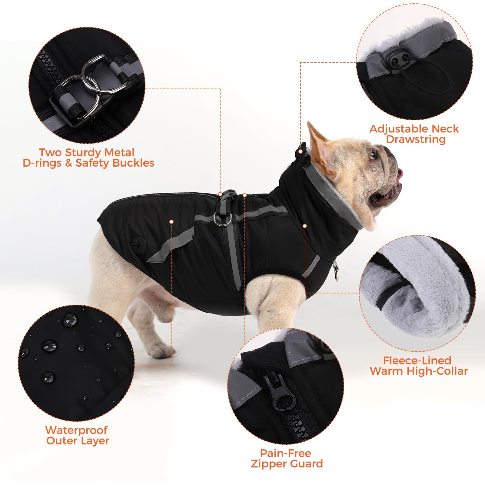 Mihachi Cappotto invernale per cani caldo con tasche per cani, giacca impermeabile per cani con imbracatura integrata in pile riflettente con cerniera, per animali domestici, antivento, caldo, freddo