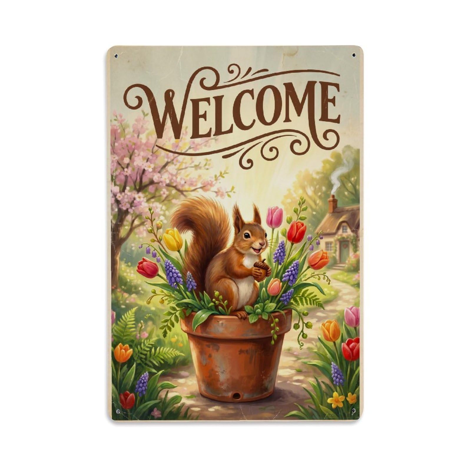 Cxhjca 8X12inch(20X30cm) Vintage Welcome Squirrel Petal Paradise Metal Tin Sign
