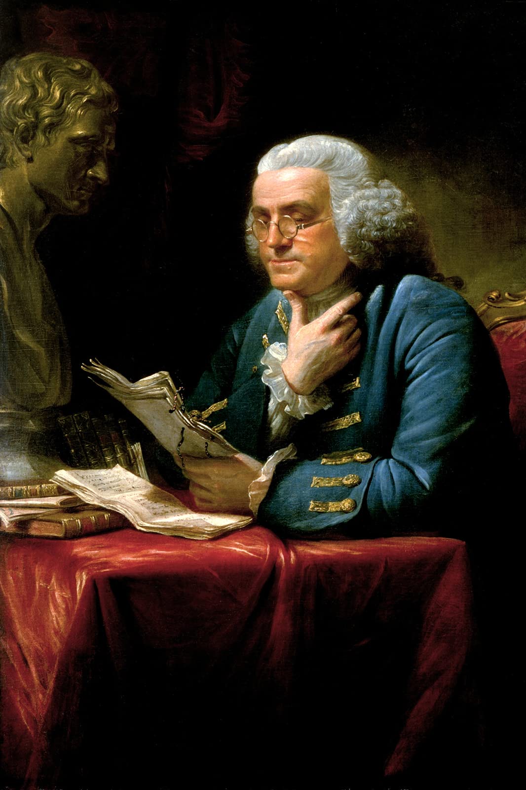 Lustre Paper - David Martin - Portrait of Benjamin Franklin with Bust of Isaac Newton (1767) Photo Poster Painting Art Print - Size: 18 x 12 Inches