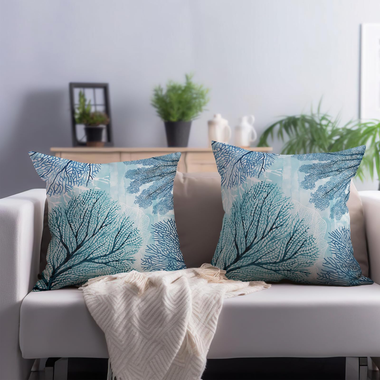 Blue Ocean Coral - Juego de 2 fundas de almohada de 16 x 16 pulgadas, fundas de almohada costeras náuticas para el hogar, dormitorio, sofá, decoración del coche