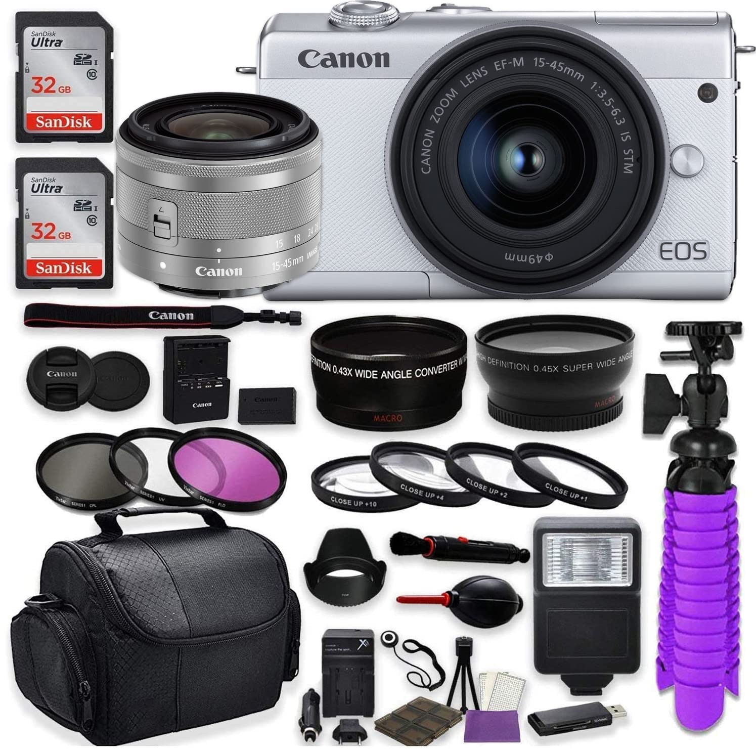 Canon EOS M200 Mirrorless Digital Camera (White) Premium Accessory Bundle EF-M 15-45mm is STM Lens + CC2 Case + 64GB Memory + HD Filters + Auxiliary Lenses