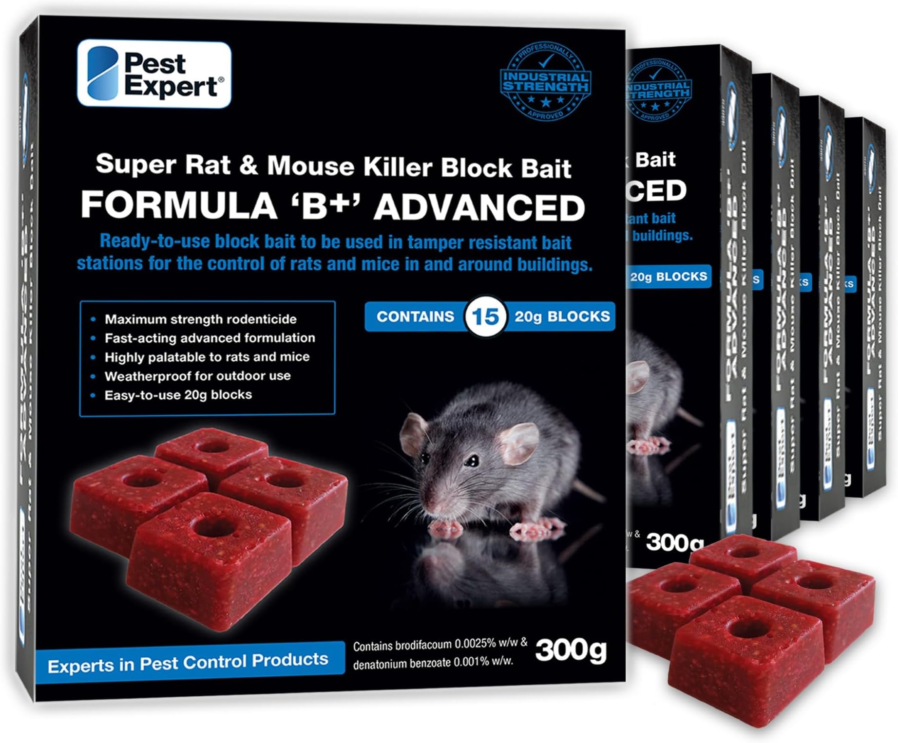Pest Expert Formula B+ Advanced Rat & Mouse Killer Poison Bait Blocks 1.5kg (5 x 300g) - Rat Poisoning Super Strength, Single Feed Brodifacoum