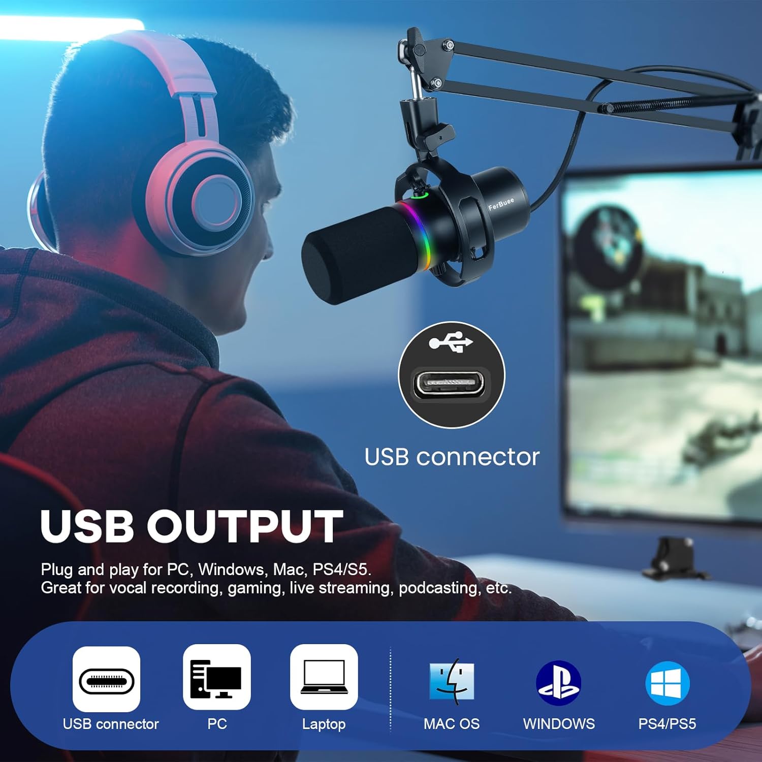 XLR USB Dynamic Microphone with RGB Light, Volume Control, Mute Button, 3.5mm Headphone Jack. Compatible with Mixers, Sound Cards, PC, MAC, PS4, PS5 (Microphone with Boom Arm)