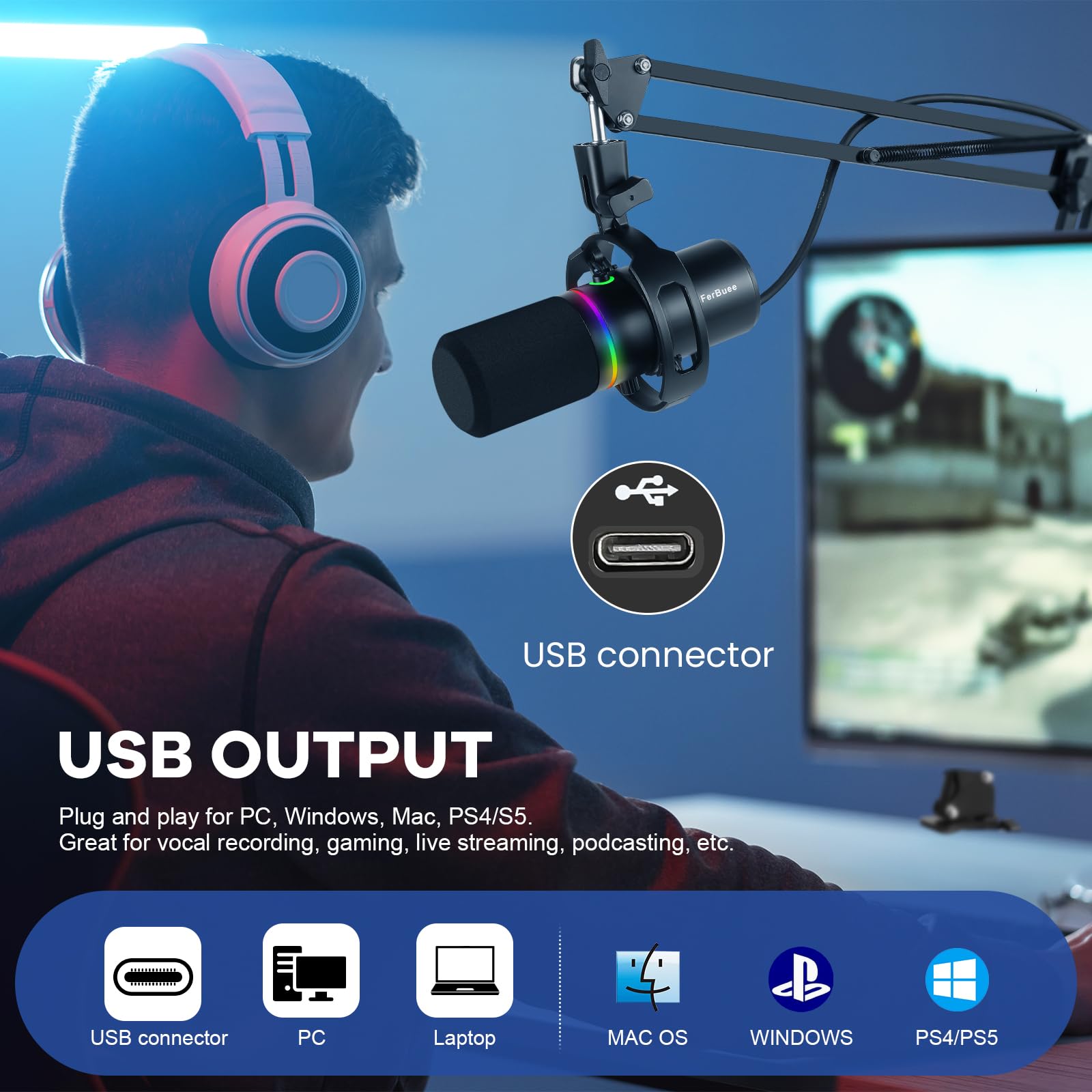 Microphone USB Gaming RGB Avec Bouton Muet Et écouteurs 3.5mm - Compatible PC, Mac, Windows - Qualité Condensateur Cardioïde