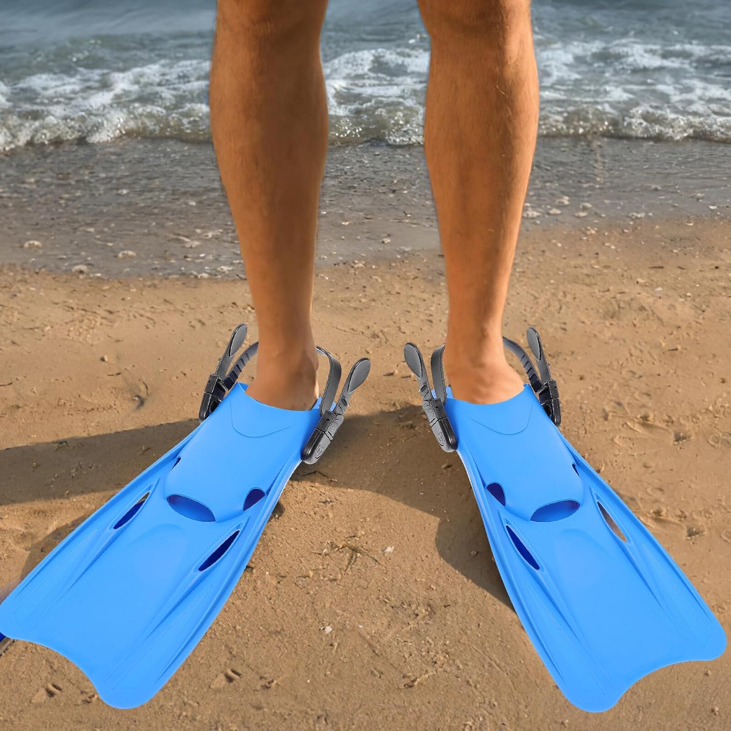 Diving Swimming Fins Adjustable Size Lightweight Blue Snorkeling Flippers for Adults L (39-43) Portable Swim Training Equipment
