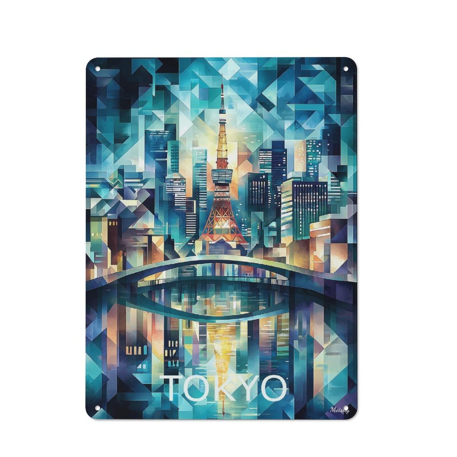 Junmoney Tokyo Geometric Skyline - Tokyo Tower & Citys Workshop Style Cape Art Tin Sign 40X30cm, Garage Wall Decor For Tool Room, Garage, Studio Or Home Bar
