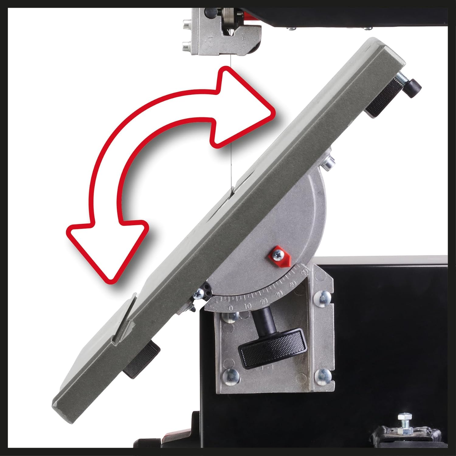 Tilting saw table adjustment