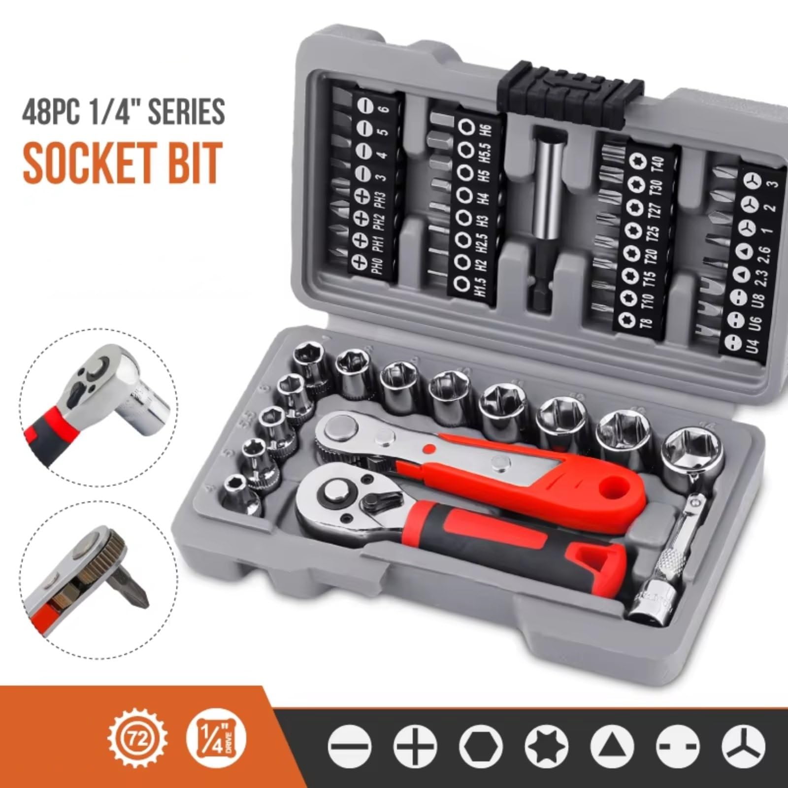 Set attrezzi da officina Set Di 48 Punte A Bussola Da 1/4" Con Cricchetto 32 Punte PH/T/esagonali 10 Prese Aste Di Giunzione E Custodia Portatile Auto/casa Utensili Manuali Fai Da Te
