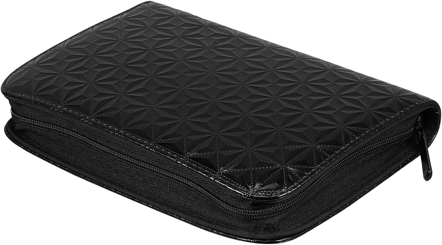FAVOMOTO Leather Barber Scissors Case Pu Leather Hairdressing Scissor Bag Black Geometric Pattern Hair Cutting Tools Organizer for Professional Stylists and Travel