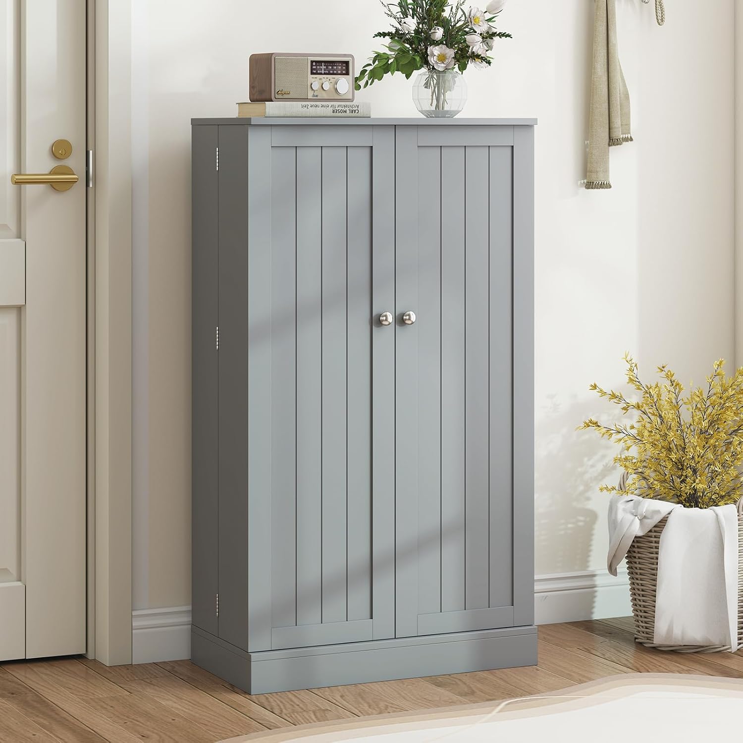 TANGZON 41"/47" Kitchen Cupboard, Kitchen Pantry Cabinet with Doors & Adjustable Shelves, Space Saving Larder Storage Cupboard Organiser for Dining Room Living Room Entryway (60 x 30 x 104cm, Grey)