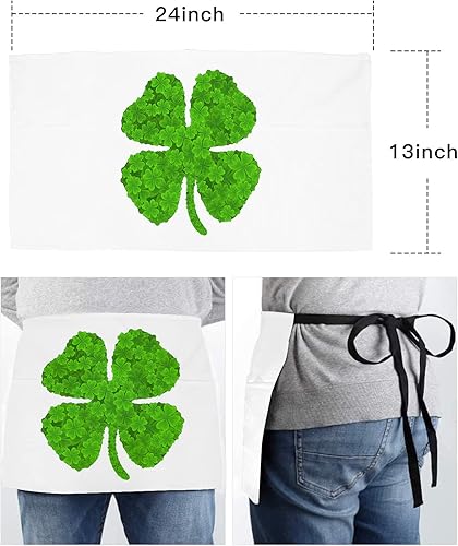 Miniatura 6 de Delantal de camarera del día de San Patricio con 3 bolsillos, delantal verde de trébol de cuatro hojas, impermeable, para cocina, restaurante, media