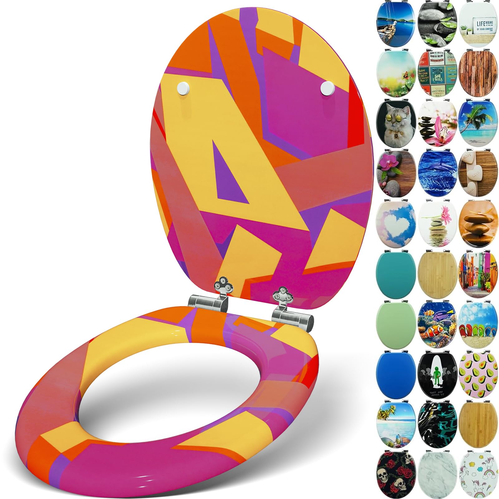Sanfino® Premium Toilet Seat with Soft Close - Wooden Toilet Lid, Lots of Colourful and Decorative Designs, high Seating Comfort, Easy to Install Including Instructions - Artsy