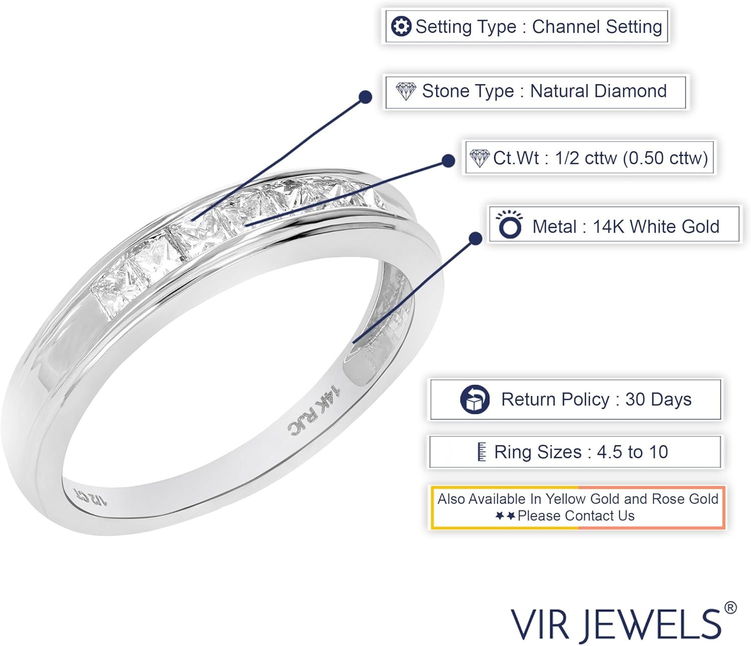 VIR JEWELS 1/2 cttw to 1.50 cttw Diamond Wedding Anniversary Band for Women, Half Eternity Princess Cut Square Diamond Engagement Ring 14K Gold Channel Set, Size 4.5-10