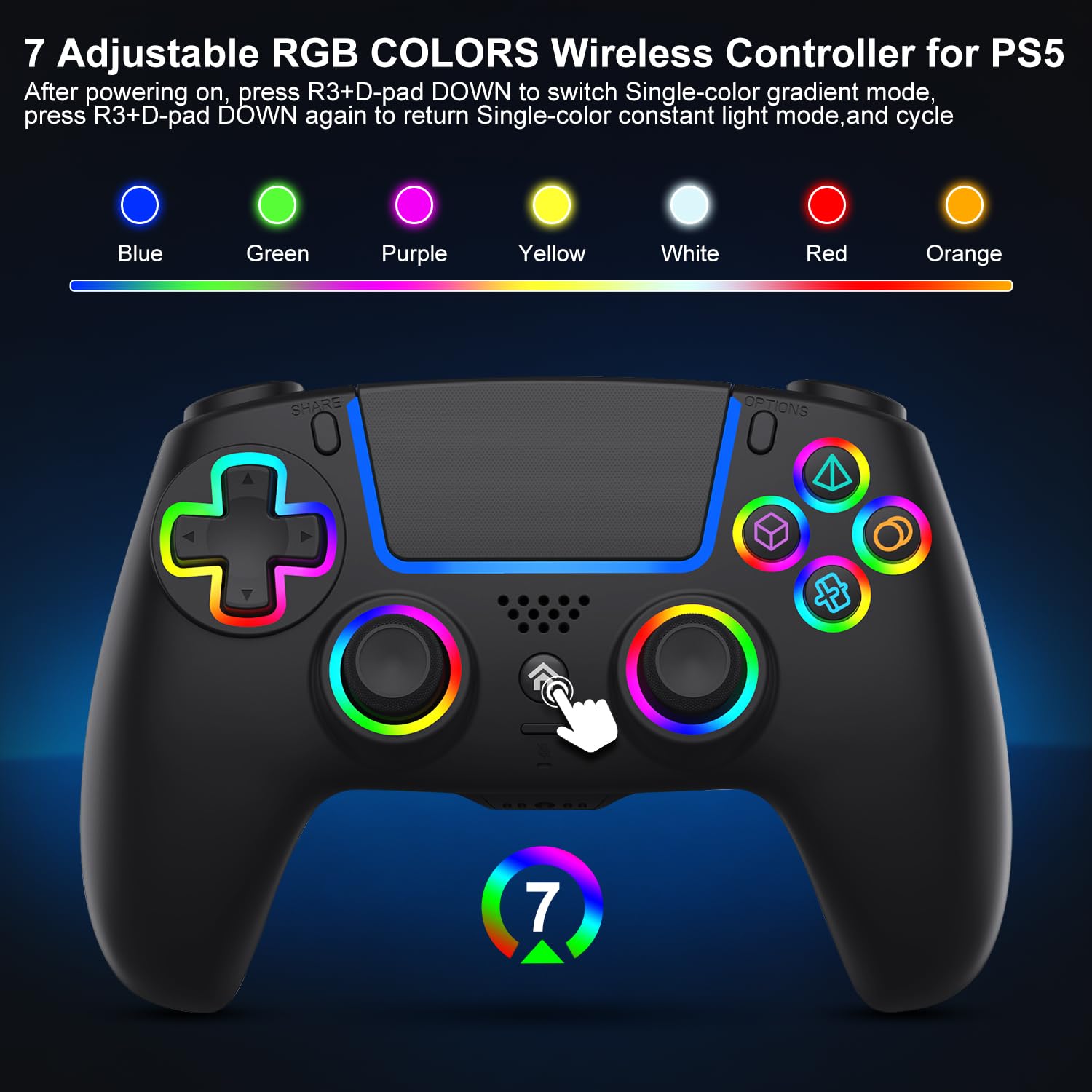 ADHJIE Controlador inalámbrico para PS5, controlador inalámbrico LED RGB compatible con PS5/PS5 Slim/PS5 Pro/PC con conector de auriculares de audio de 3.5 mm y batería integrada de 1000 mAh, turbo y