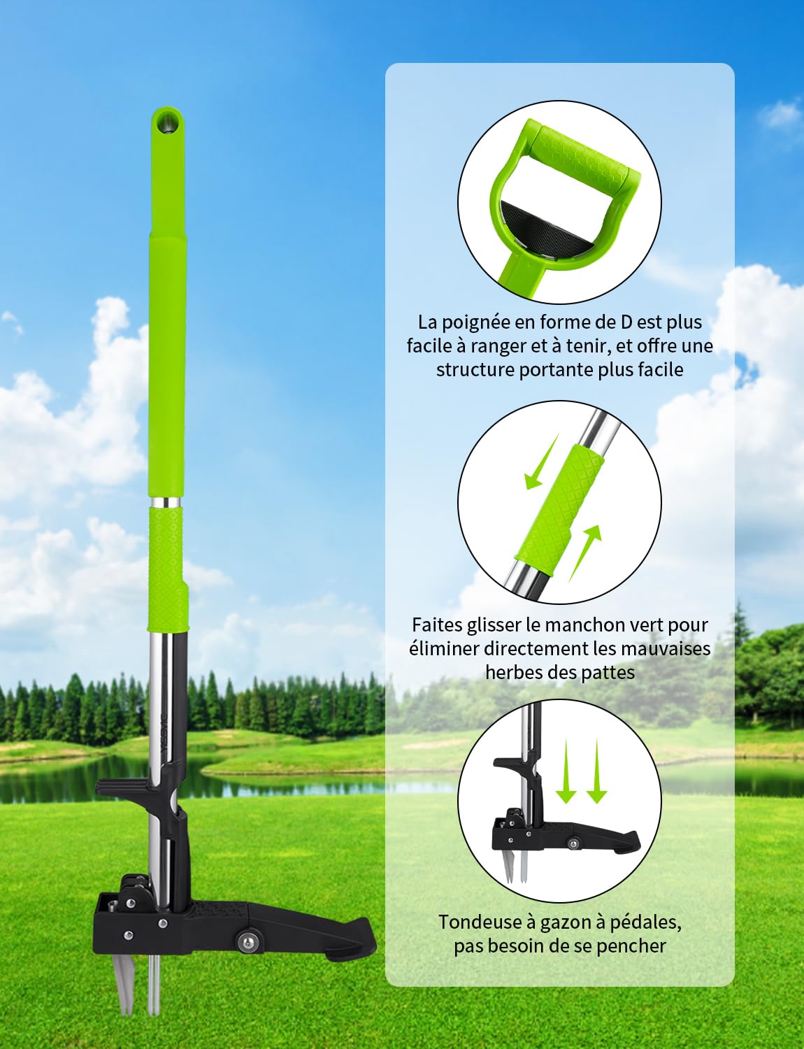YISSVIC Désherbeur Manuel Arrache Mauvaise Herbe avec Pédale 4 Griffes Acier Inoxydable Long Manche Outil de Désherbage Solide pour Jardin Vert