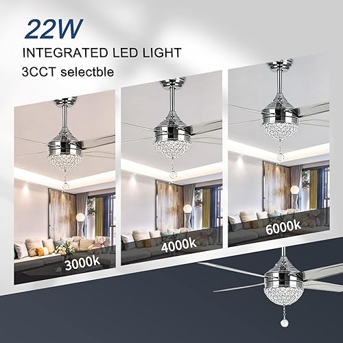 Miniatura 3 de Morpholife Ventilador de techo de cristal con control remoto de luz, moderno ventilador de araña LED, pequeño ventilador de techo brillante con