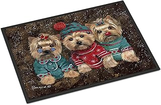 Caroline's Treasures PPP3291MAT Yorkshire Terrier Yorkie Christmas Elves Doormat 18x27 Front Door Mat Indoor Outdoor Rugs for Entryway, Non Slip Washable Low Pile, 18H X 27W