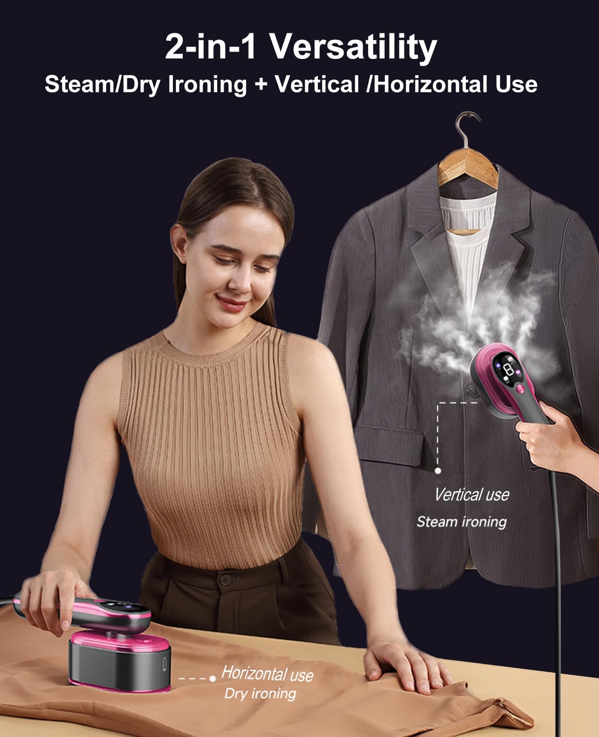 Vaporizador y plancha 2 en 1 para ropa, vaporizador portátil de mano para ropa con pantalla LED, panel de cerámica grande, plancha de vapor de ropa de viaje, calentamiento rápido de 10 4