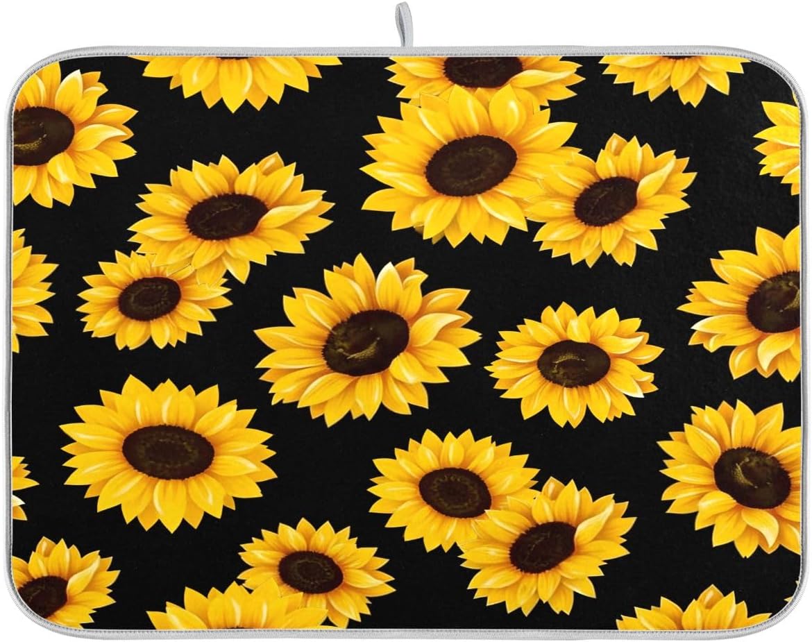 Sunflower Black Dish Drying Mat for Kitchen, Absorbent Microfiber Drying Pad Dish Mat, 24" X 18"