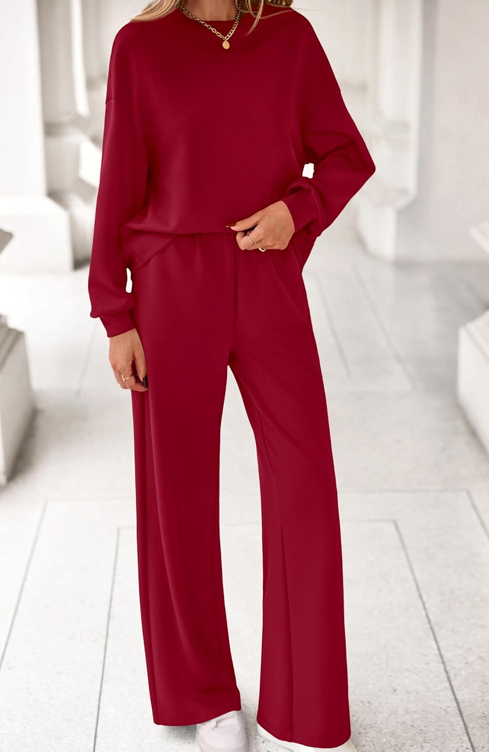 MASCOMODA Womens Fall Sweatsuits Two Piece Sets Crewneck Long Sleeve Tops Wide Leg Pants Casual Travel Lounge Set Track Suits - Image 3