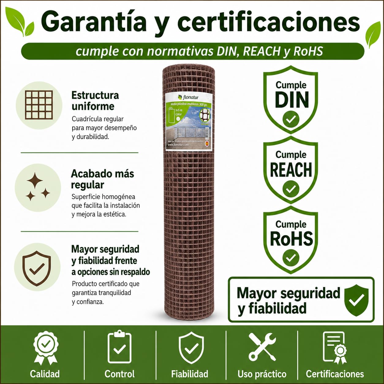 Malla de Plástico para Balcones y Terrazas 1x5m, Malla Rejilla Cerramientos de Color Marrón, Ancho del Cuadro 1x1 cms, Peso 300gr/m2