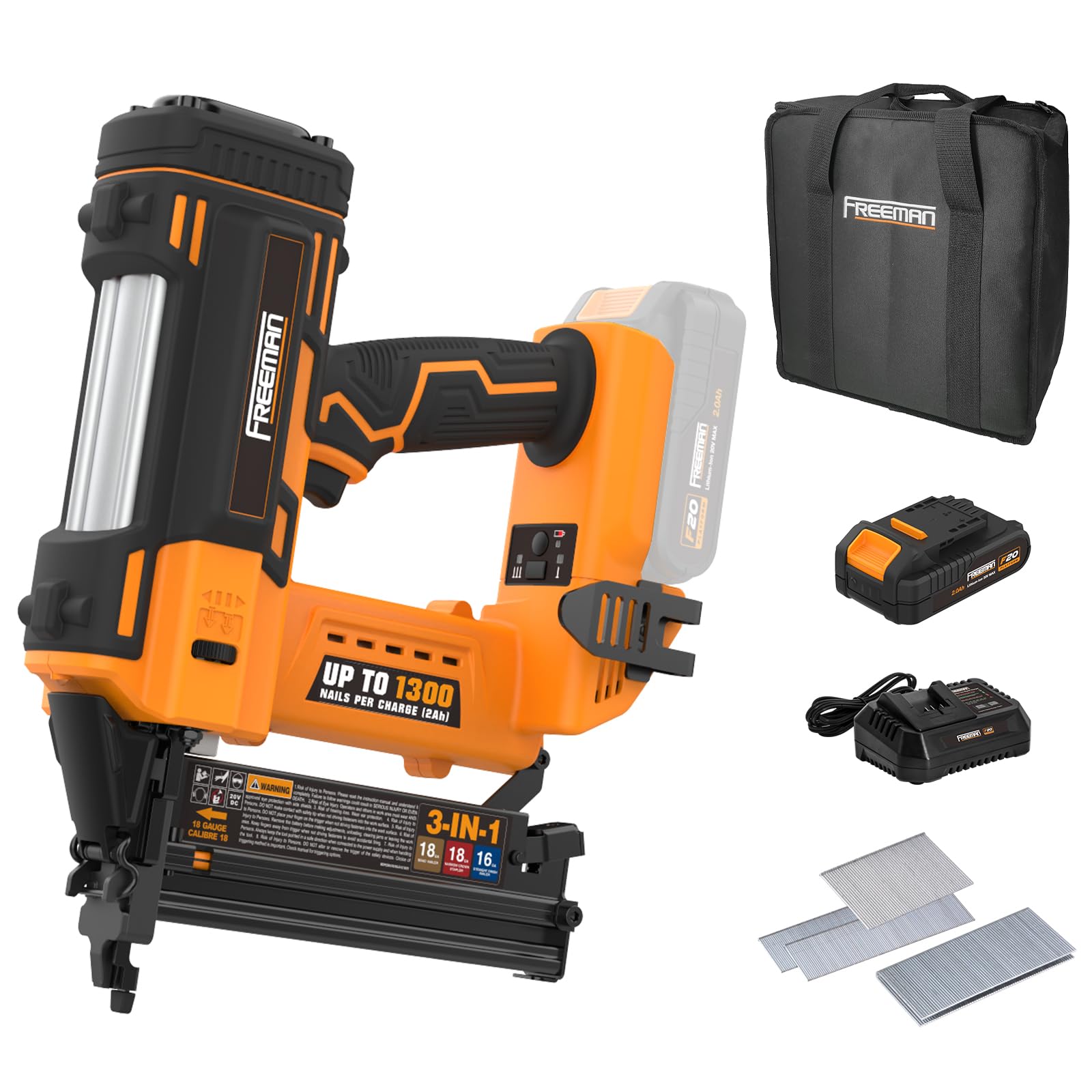 Freeman PE20V31618G 20 Volt Cordless 3-in-1 16 and 18 Gauge Nailer/Stapler Kit with Lithium Ion Battery, Charger, Bag, and Fasteners (600 Count) –