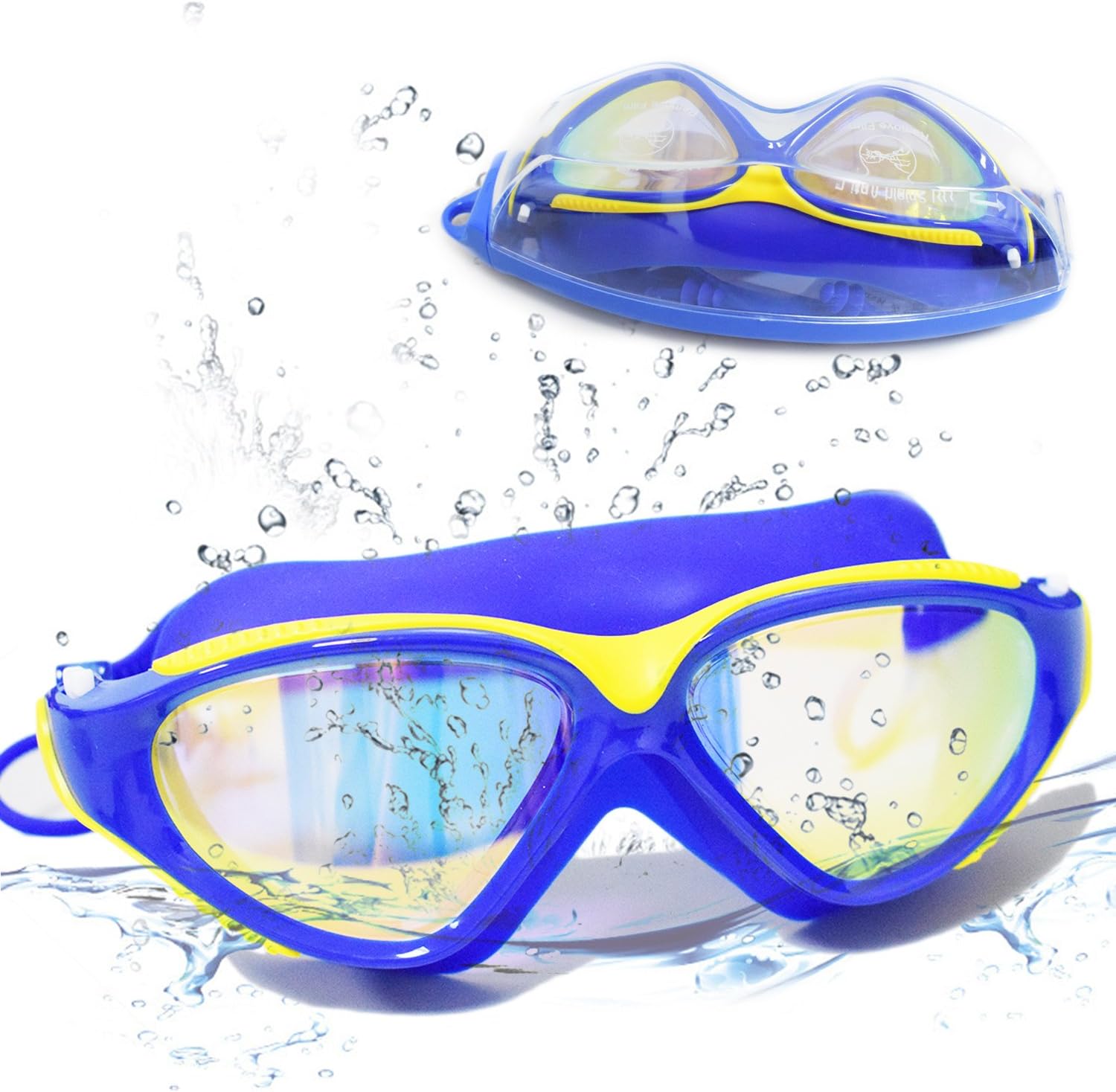 Mottake Large Frame Swim Goggles, Colorful Plated Swimming Glasses with Anti-Fog, UV Protection, Free Protection Case, Fit for Teenagers Adult Men Women Youth(Blue)