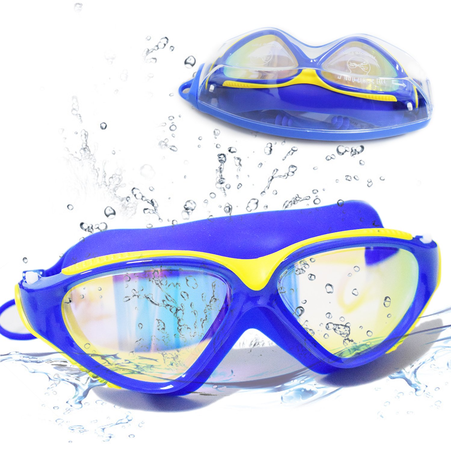 Mottake Large Frame Swim Goggles, Colorful Plated Swimming Glasses with Anti-Fog, UV Protection, Free Protection Case, Fit for Teenagers Adult Men Women Youth(Blue)