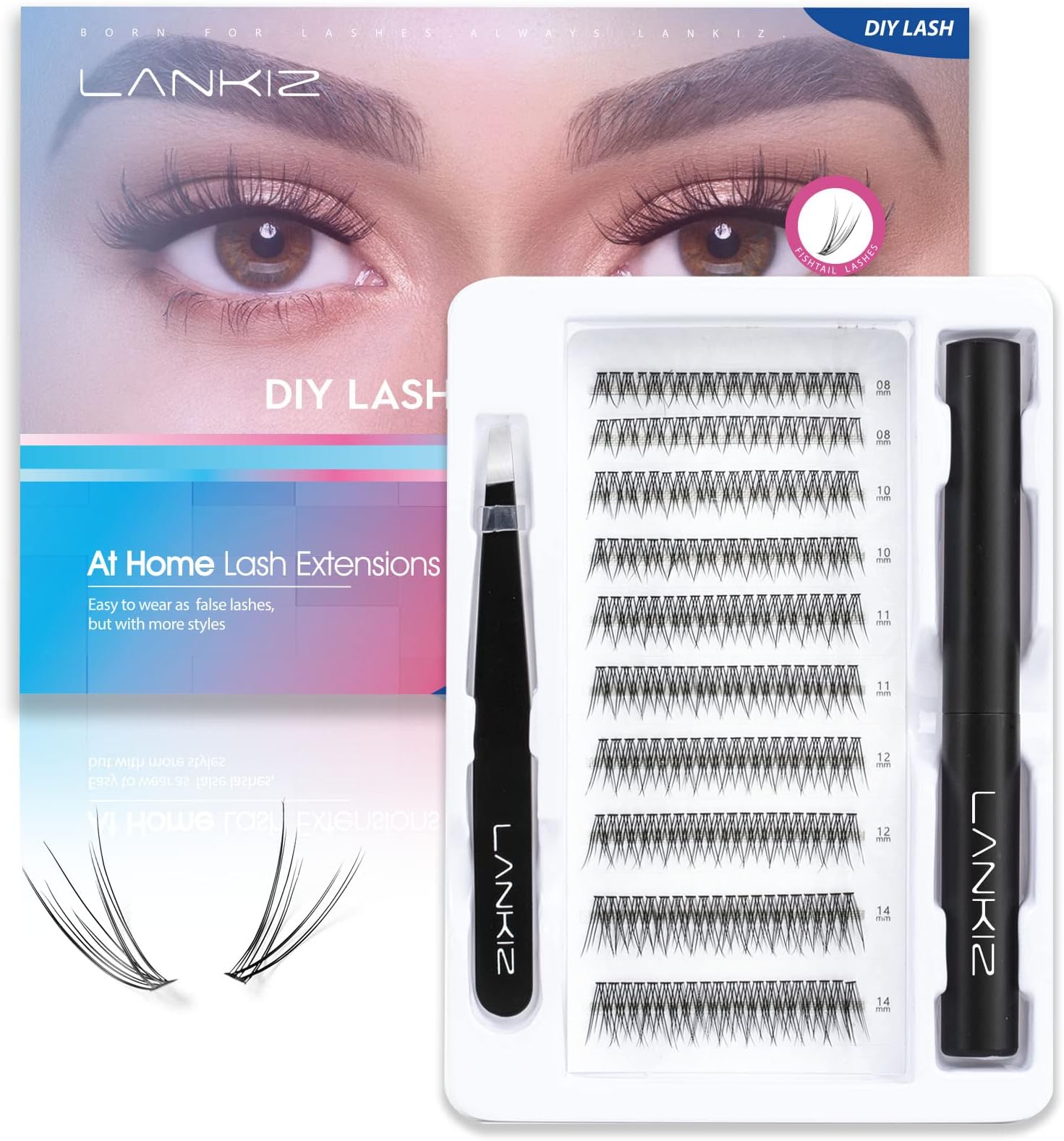 LANKIZ Eyelash Extension Kit, Individual Lashes Kit, 200 Clusters C Curl Lashes, DIY Eyelash Extension Kit for Beginners, with Glue and Tweezers 8-14mm DIY Lash Extension at Home