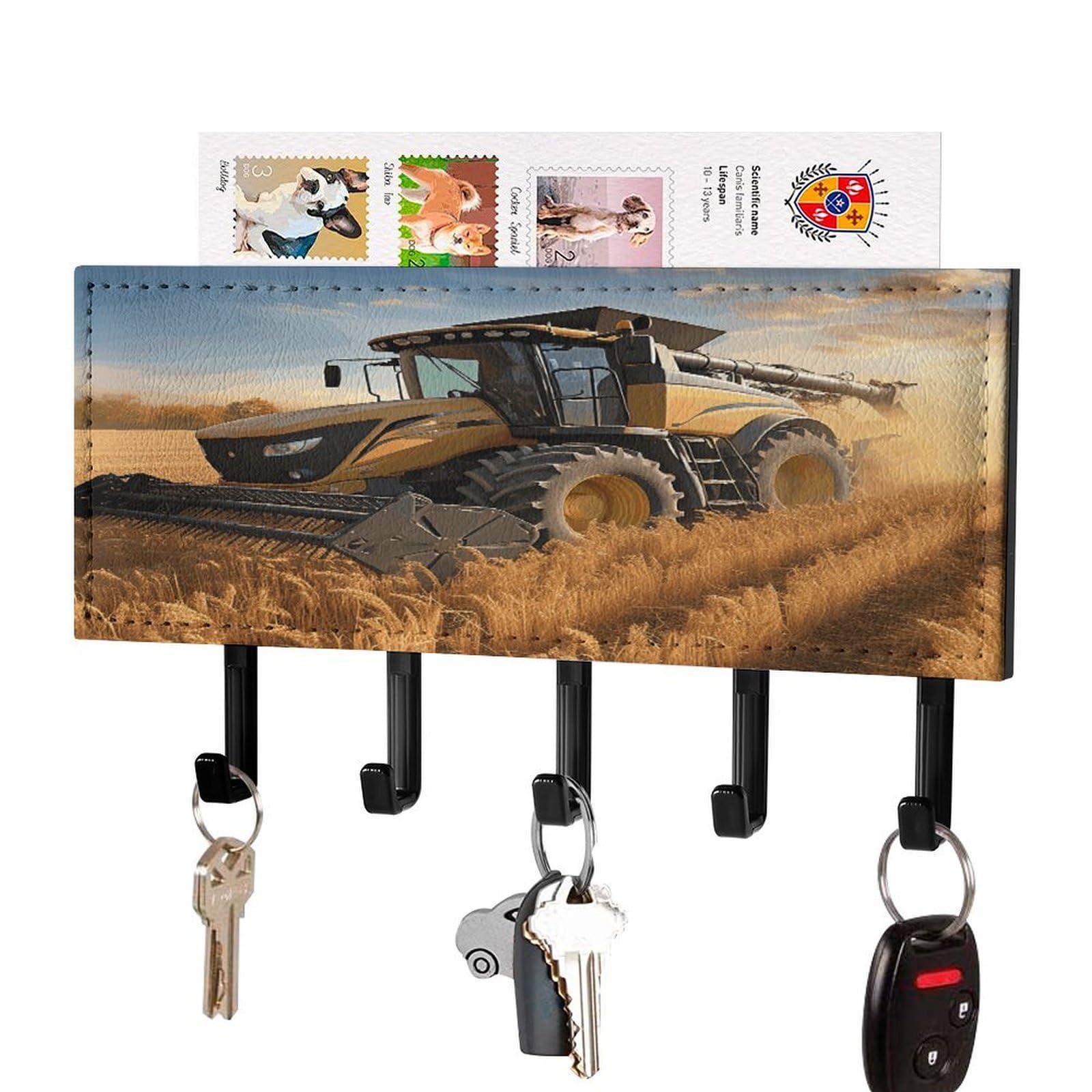 Fekiloot Black-Style Farm Tractor Harvest Key Holder Wall Mount Key Hanger With 5 Hooks Decorative Key Rack Hanging Key Hooks With Mail Organizer Key Holder For Wall Living Room Kitchen Bathroom Hallway Black