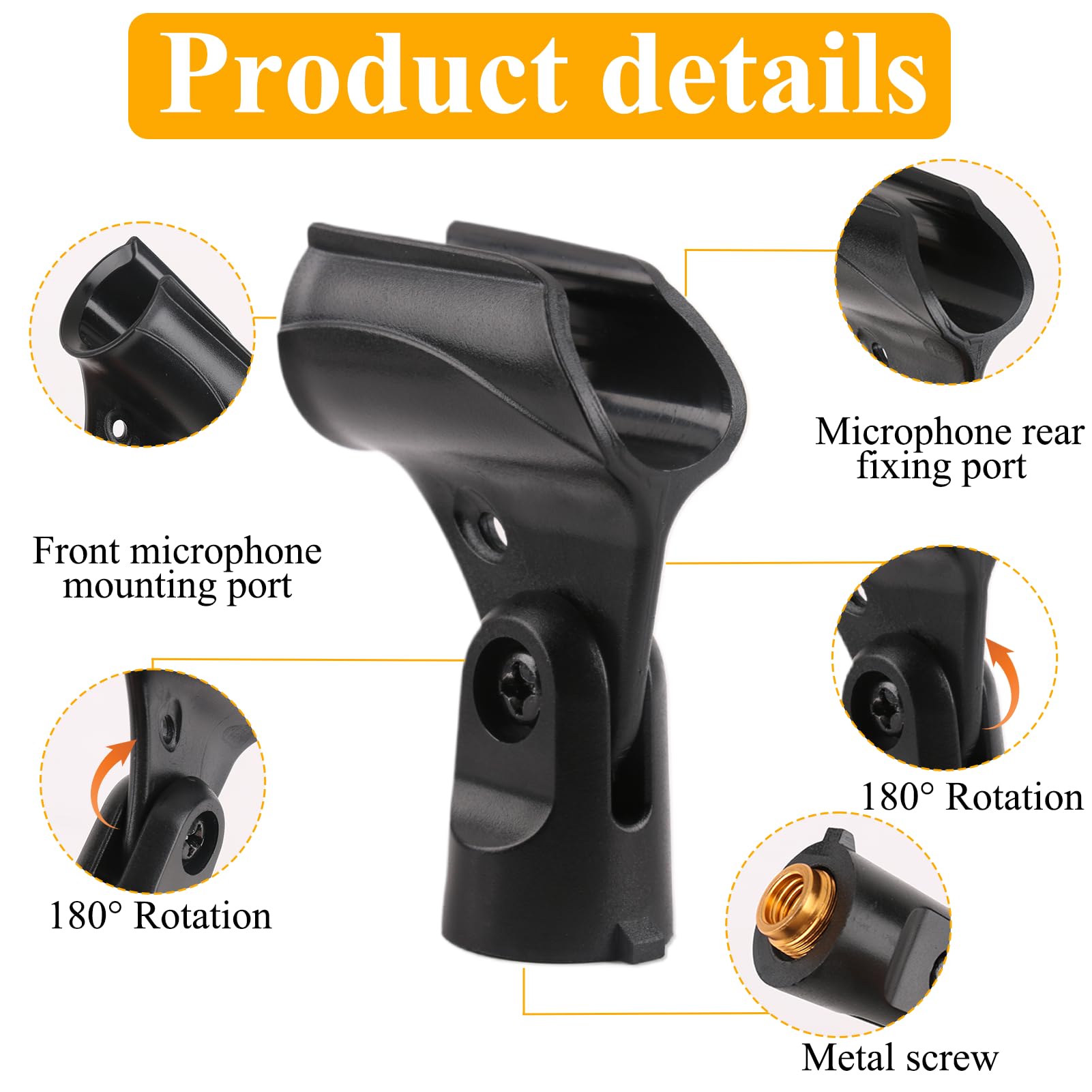 2 Pack Universal Microphone Holder 180° Adjustable Microphone Clip Attachment Large Handhold Mic Stand with 5/8" to 3/8" Mic Copper Screw Adapter for Wired Wireless Mic Clamp - Image 3