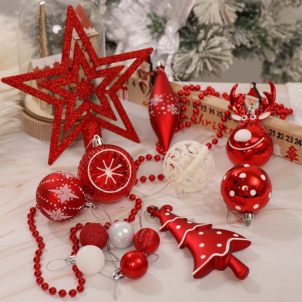 YUHINN Adornos Navidad 92Pack Bolas de Navidad Adornos Árbol de Navidad Rojo Blanco Glitter Estrella Estrella Topper Colgantes Colgantes Set for Decoración del Hogar Decoración Navideña