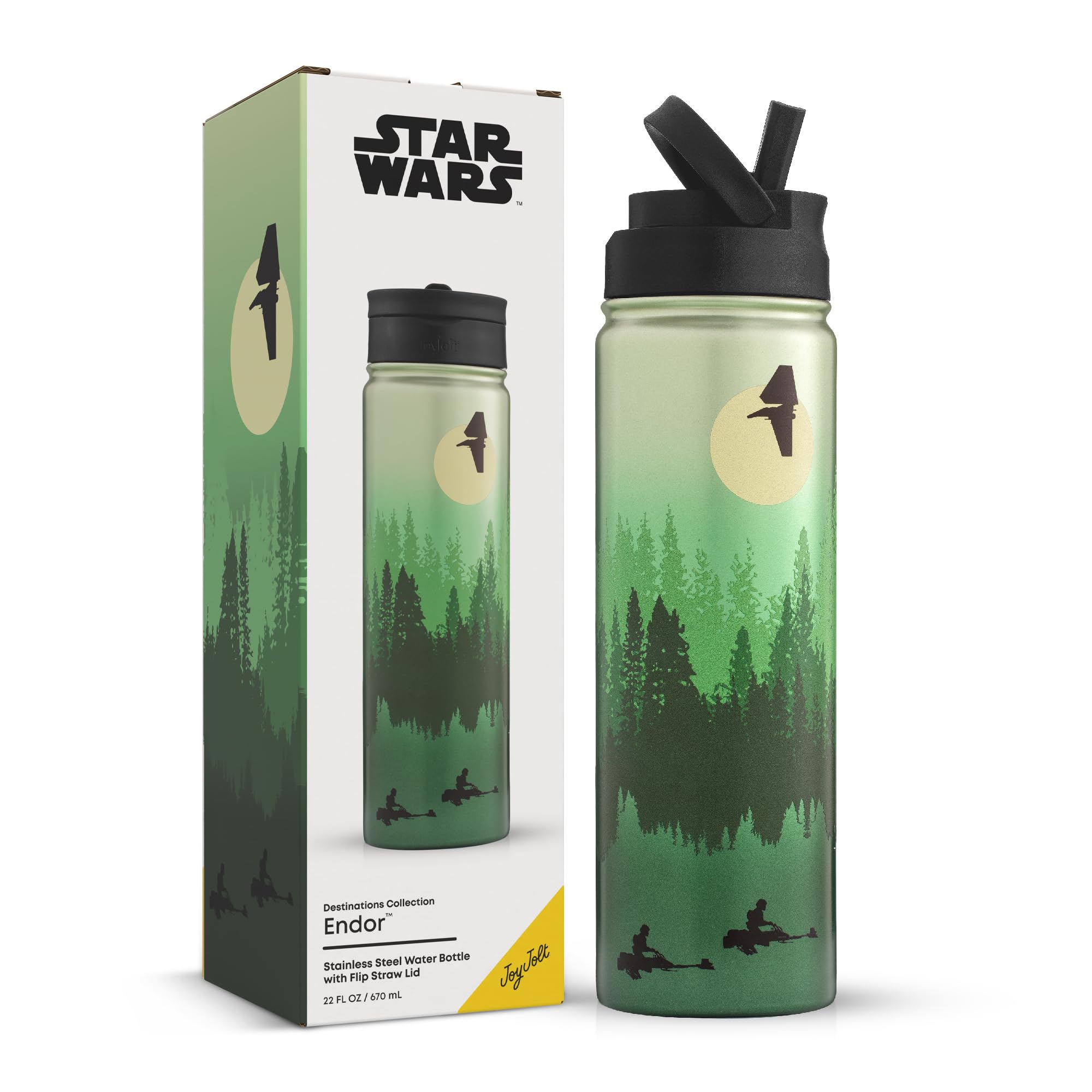 JoyJolt Stainless Steel Star Wars Water Bottle 22 oz with Straw Lid, BPA-Free Sports and Travel Vacuum Insulated Water Bottle, Destination Collection Endor Bottle, Star Wars Gifts