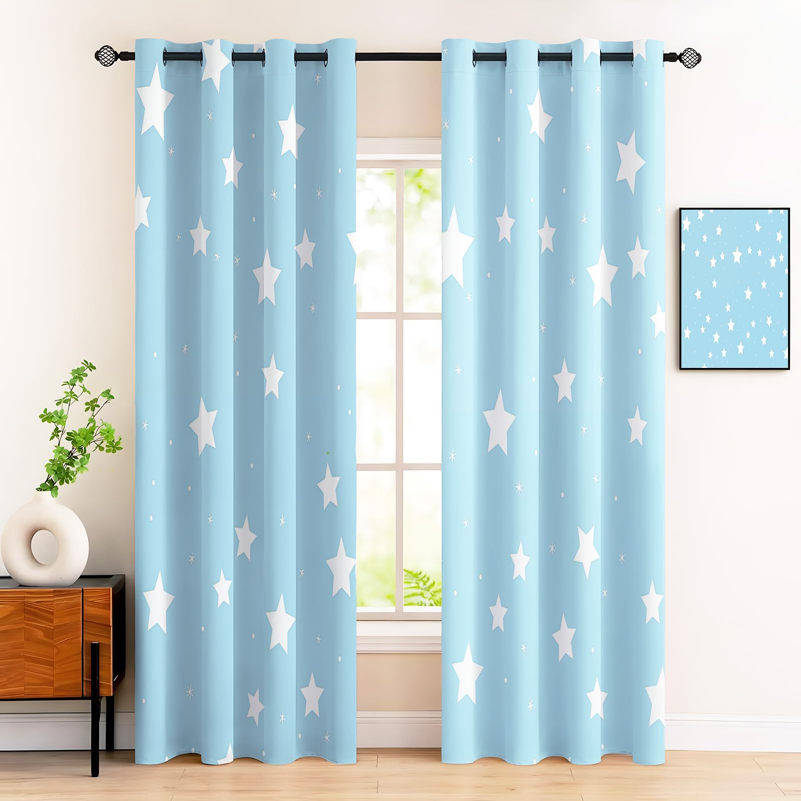 Rideau occultant bleu ciel motif dessin animé étoiles 117x183 cm lot de 2