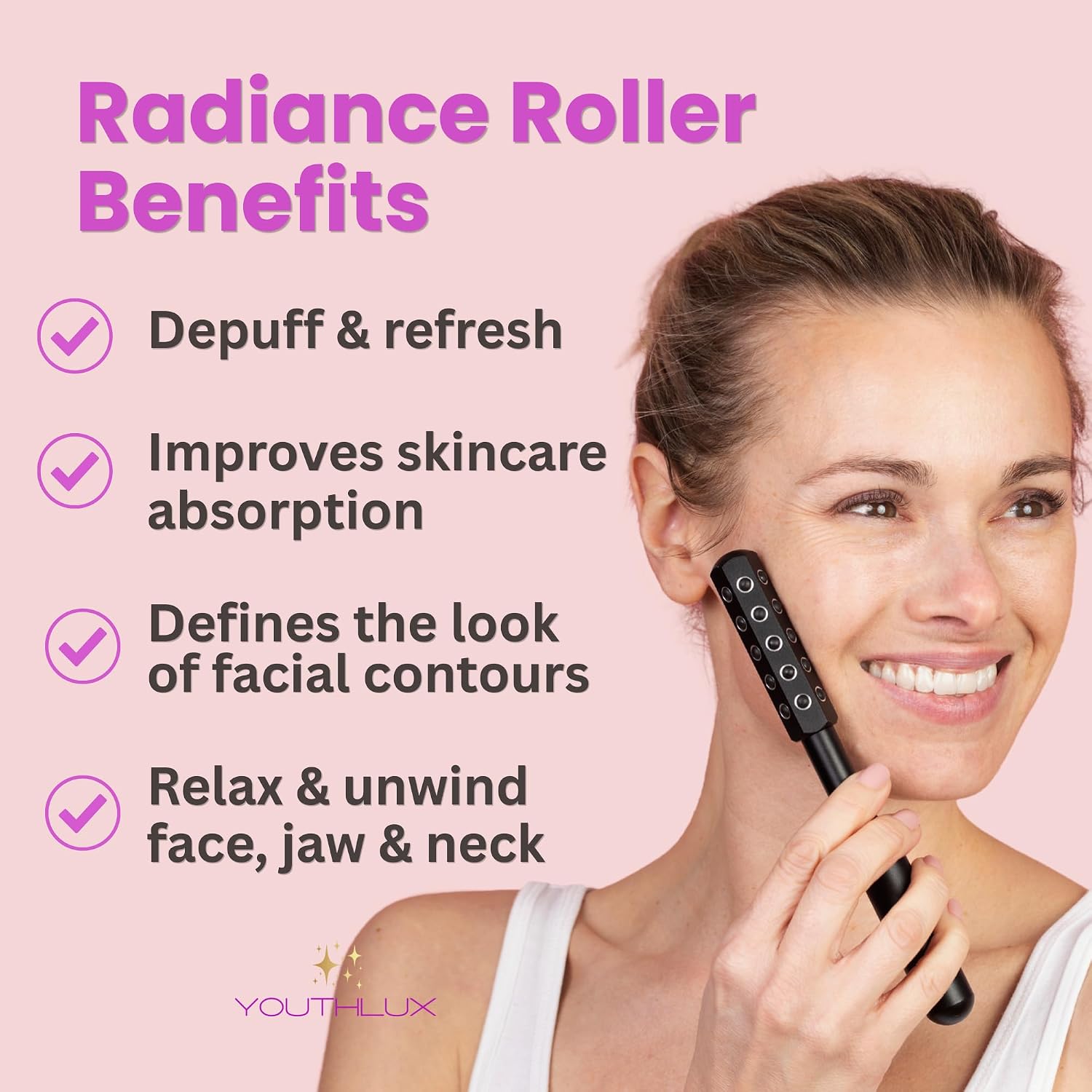 Radiance Roller – Germanium Stone Facial Massage Tool/Wand Face Roller for Lifting, Sculpting, De-Puffing, Glow Boost, Energizing & Cooling Effect (Black)