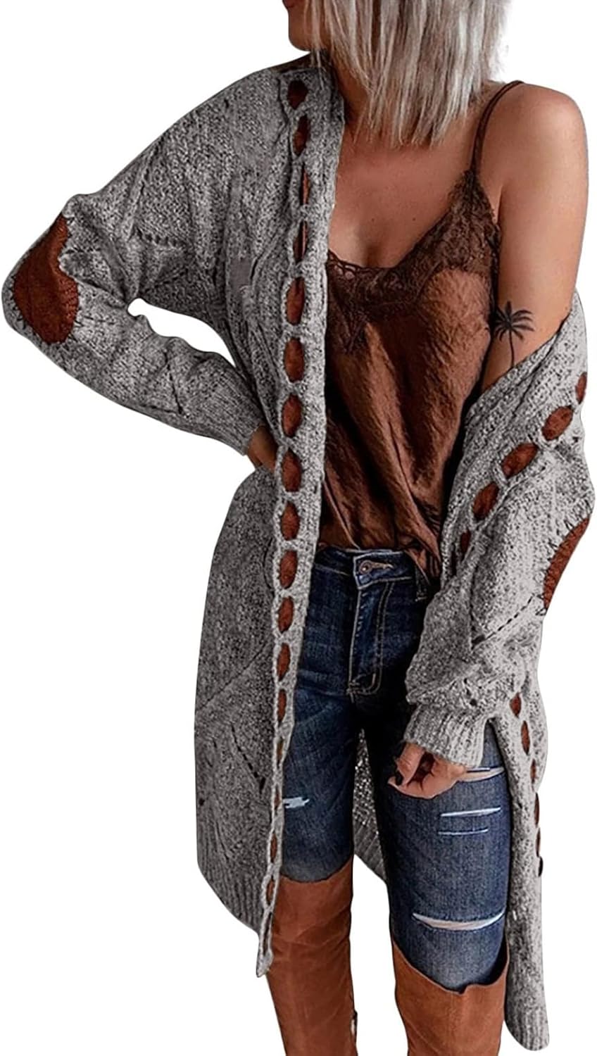 Women 2024 Open Front Long Sleeve Hooded Cable Knit Sweater Color Block Outwear Coat Long Cardigan Sweaters for Women