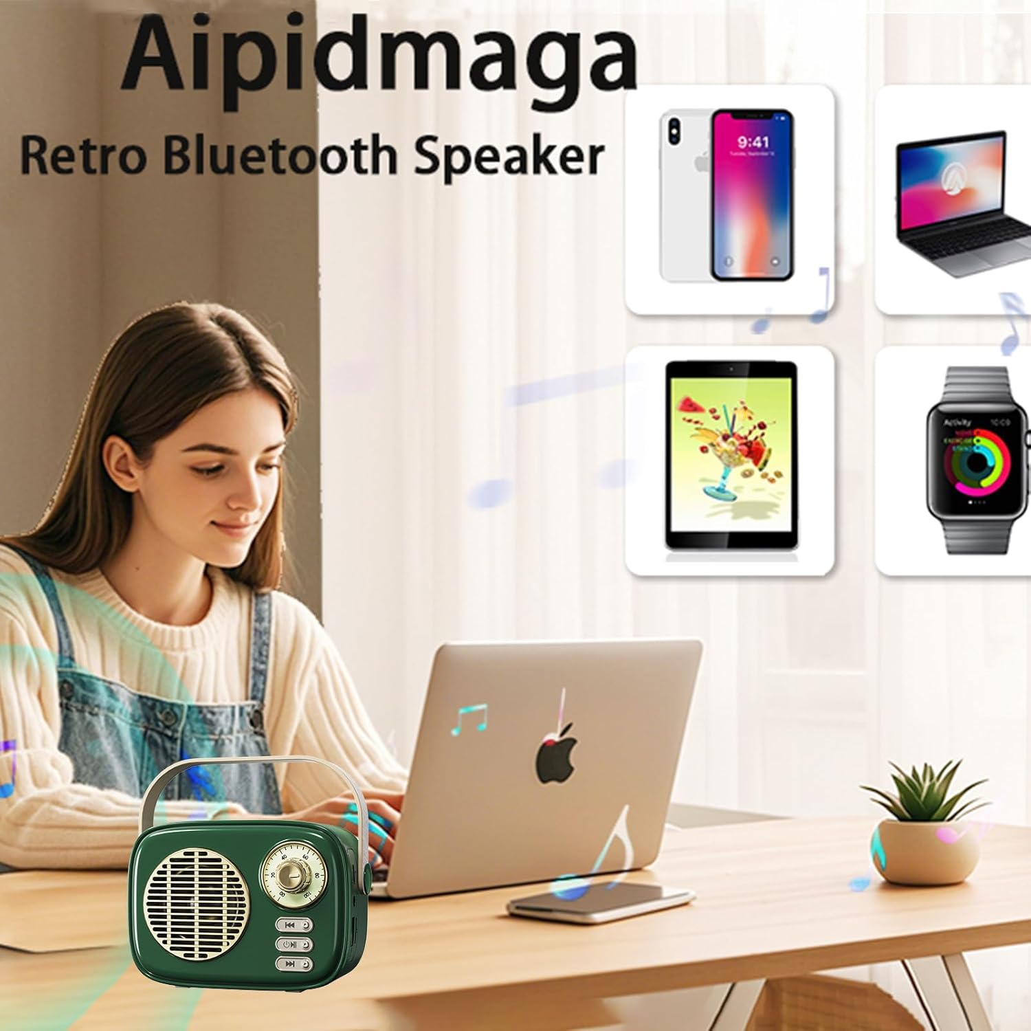 Retro Bluetooth Speaker,Vintage Decor,Small Wireless Bluetooth Speaker,Gifts for Teenage Girls Women,Cute Portable Old Fashion Style for Kitchen Desk Bedroom Office Party (Green) - Image 4