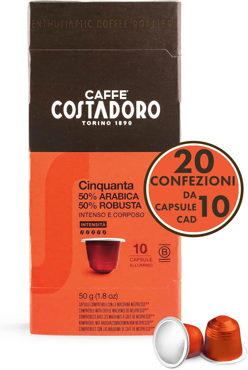 Costadoro Cinquanta, 200 Cápsulas Compatibles con Cafeteras Nespresso, 50% arábica y 50% Robusta Superior, intensa y con cuerpo, 20 cajas de 10 cápsulas cada una