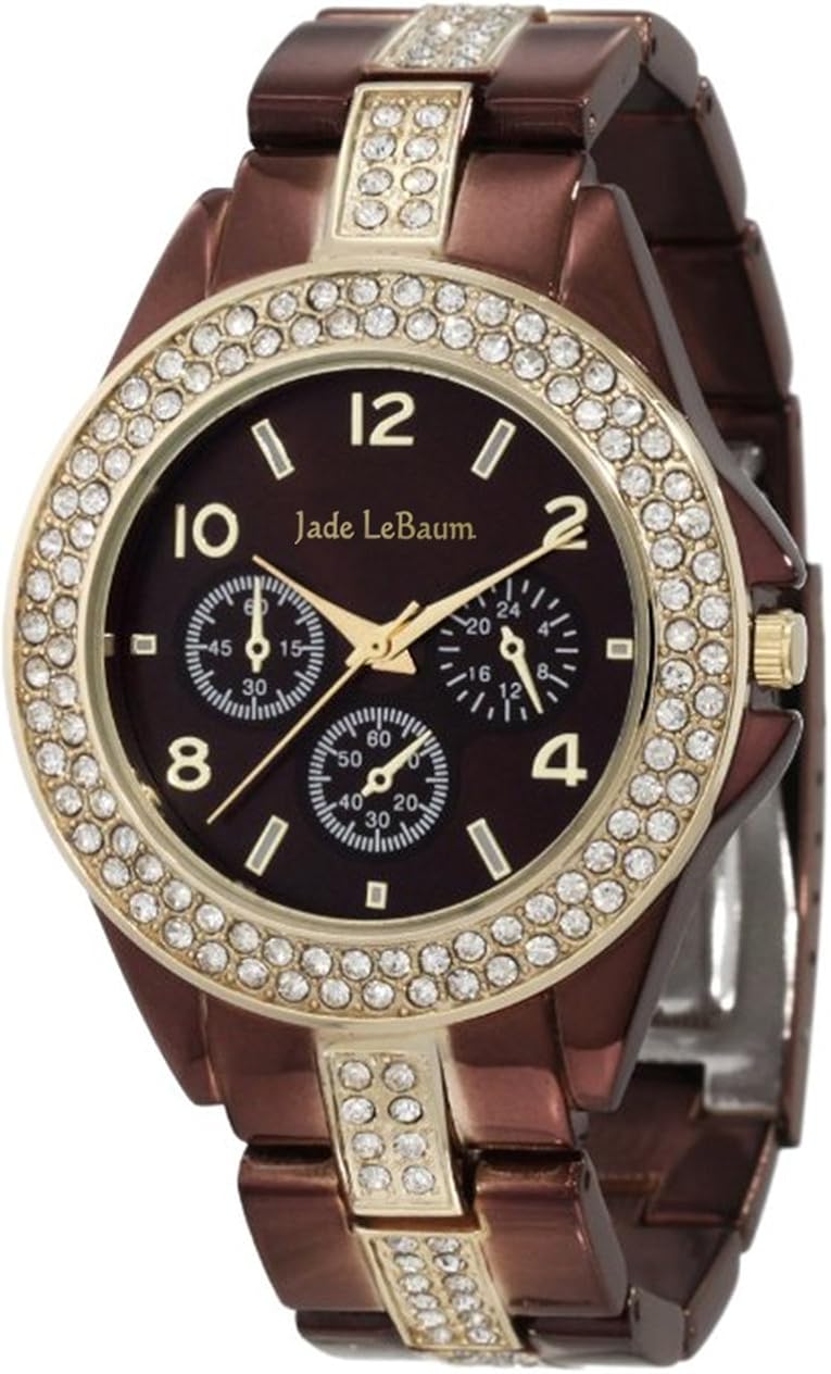 Womens Chocolate Brown Watch Large Face Rhinestone Accent Bracelet Jade LeBaum - JB202747G