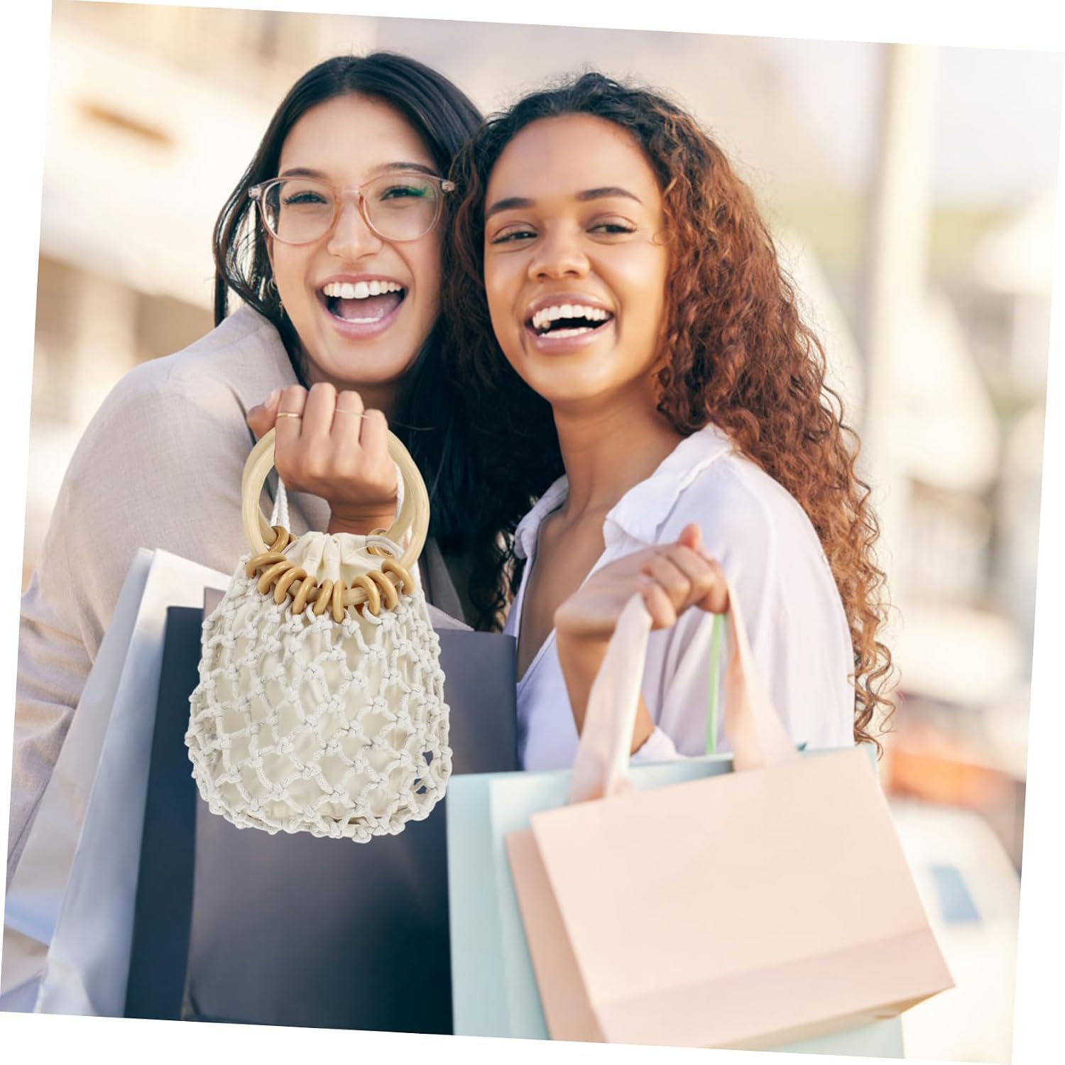 Straw Bag Handbag Women Fashion Clutch Mesh Beach Bag Small Pouch Drawstring Woven for Casual Beach Shopping Student
