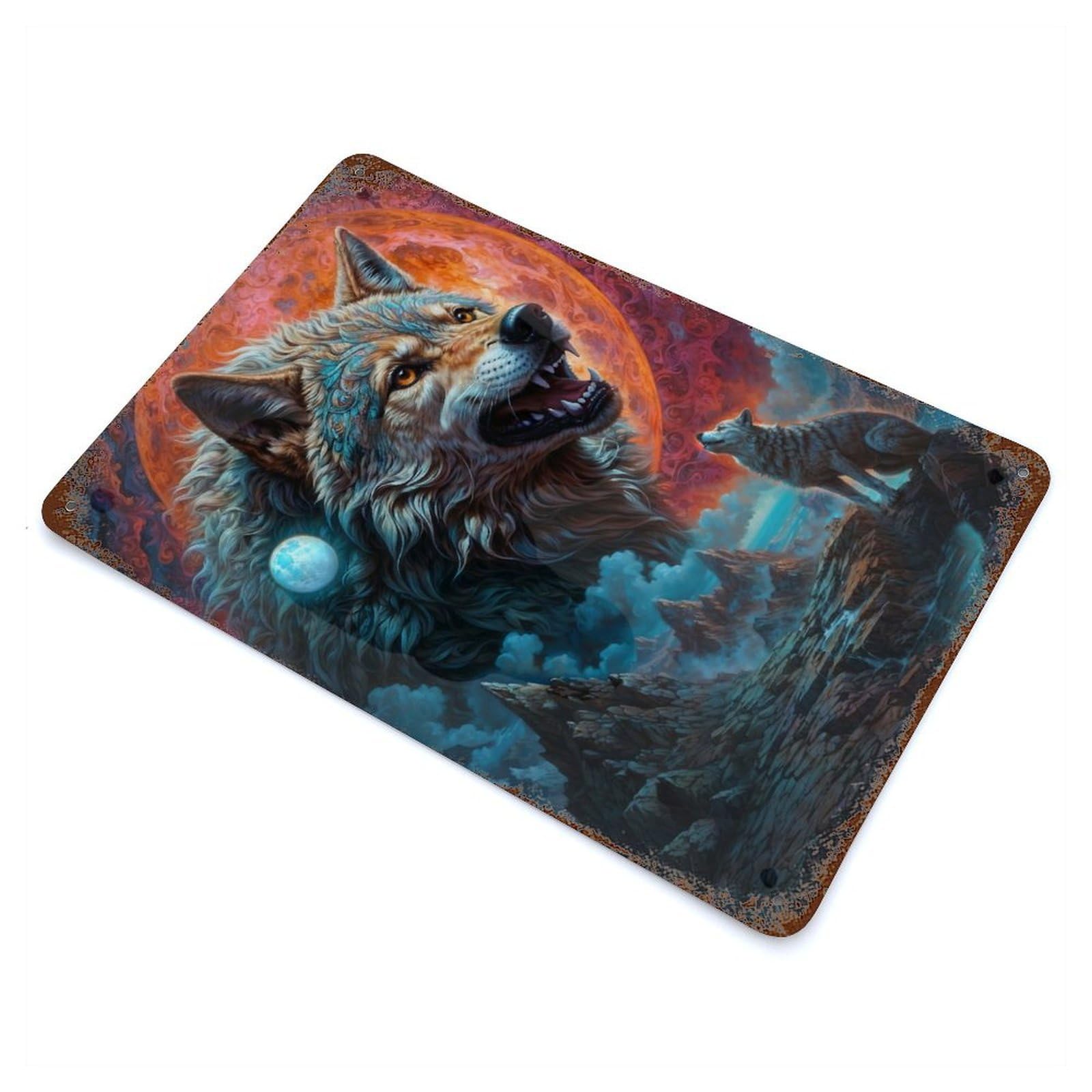 Full Moon Lone Wolf Snarls Retro Metal Sign 11.8"x7.9", Vintage Wall Decor for Garage, Pub Or Kitchen