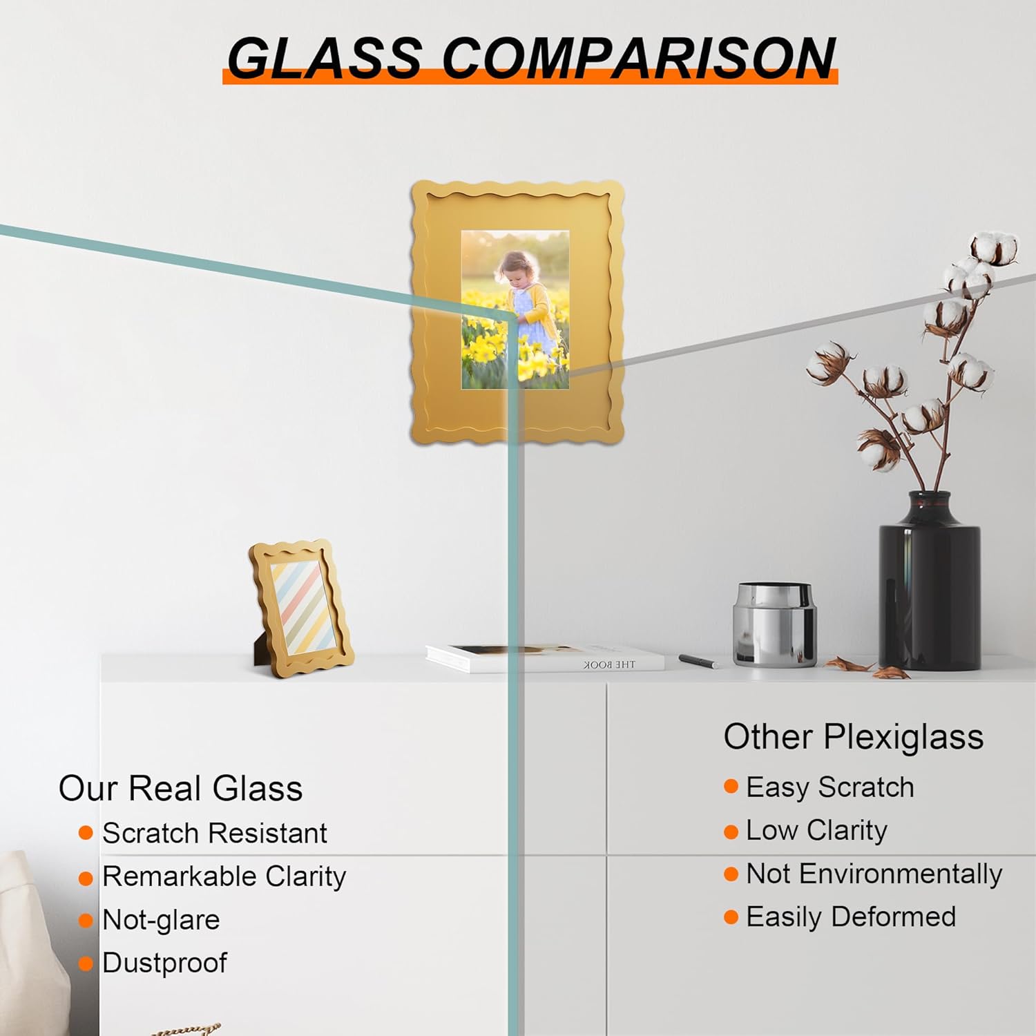 Condition photo showing New/Like New for 4x6 Picture Frame with Mat for 3.5x5, Wavy Edge Wooden Real Glass Photo Frame for Tabletop and Wall Hanging, Yellow, 1 Pack Yellow 4x6 in