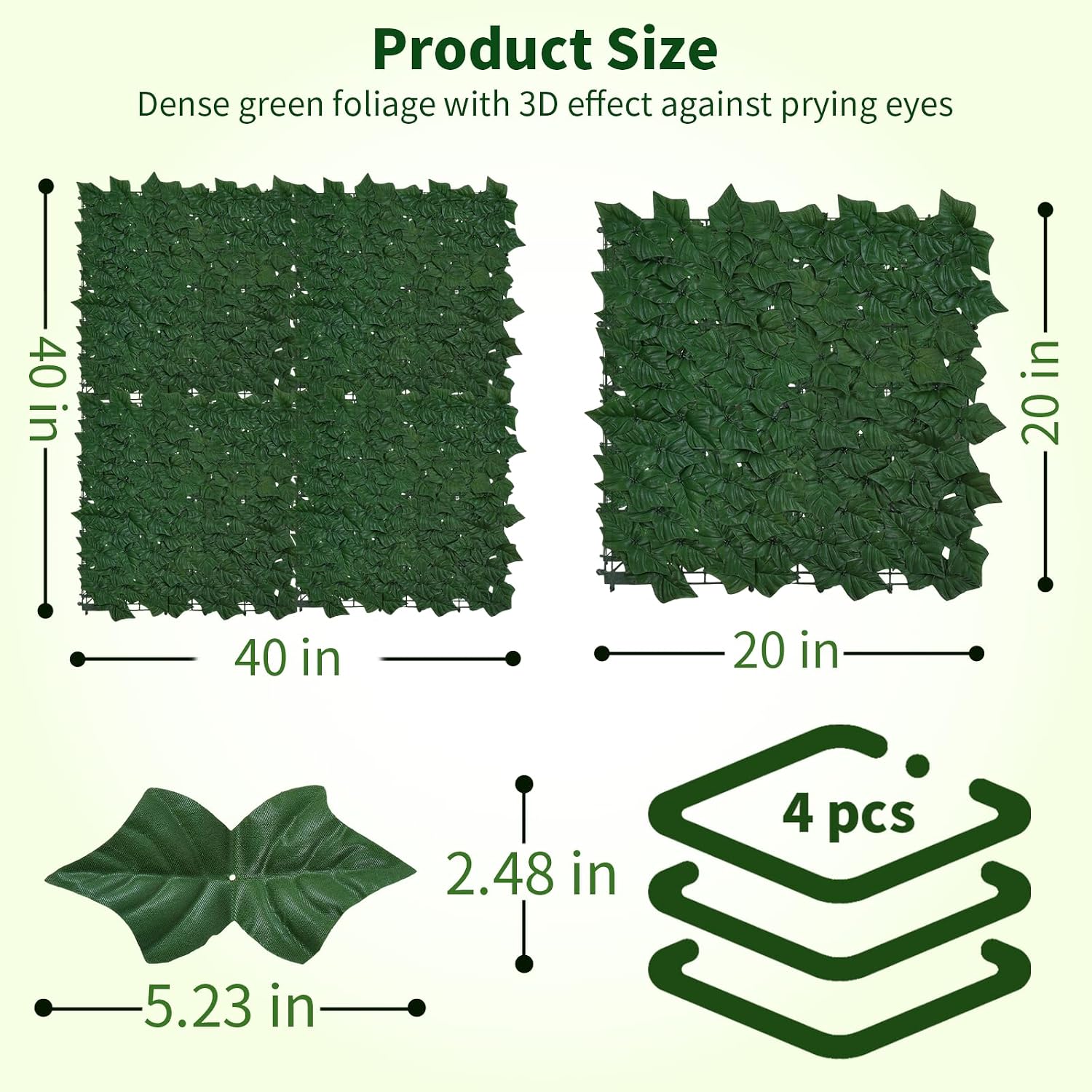 Artificial Ivy Privacy Fence Screen, 40 x 40 Inch（11.11 sq ft） UV-Anti Faux Hedge Panels, Green, Tropical Style, Plastic Material, 4 Packs of 4 Panels Each