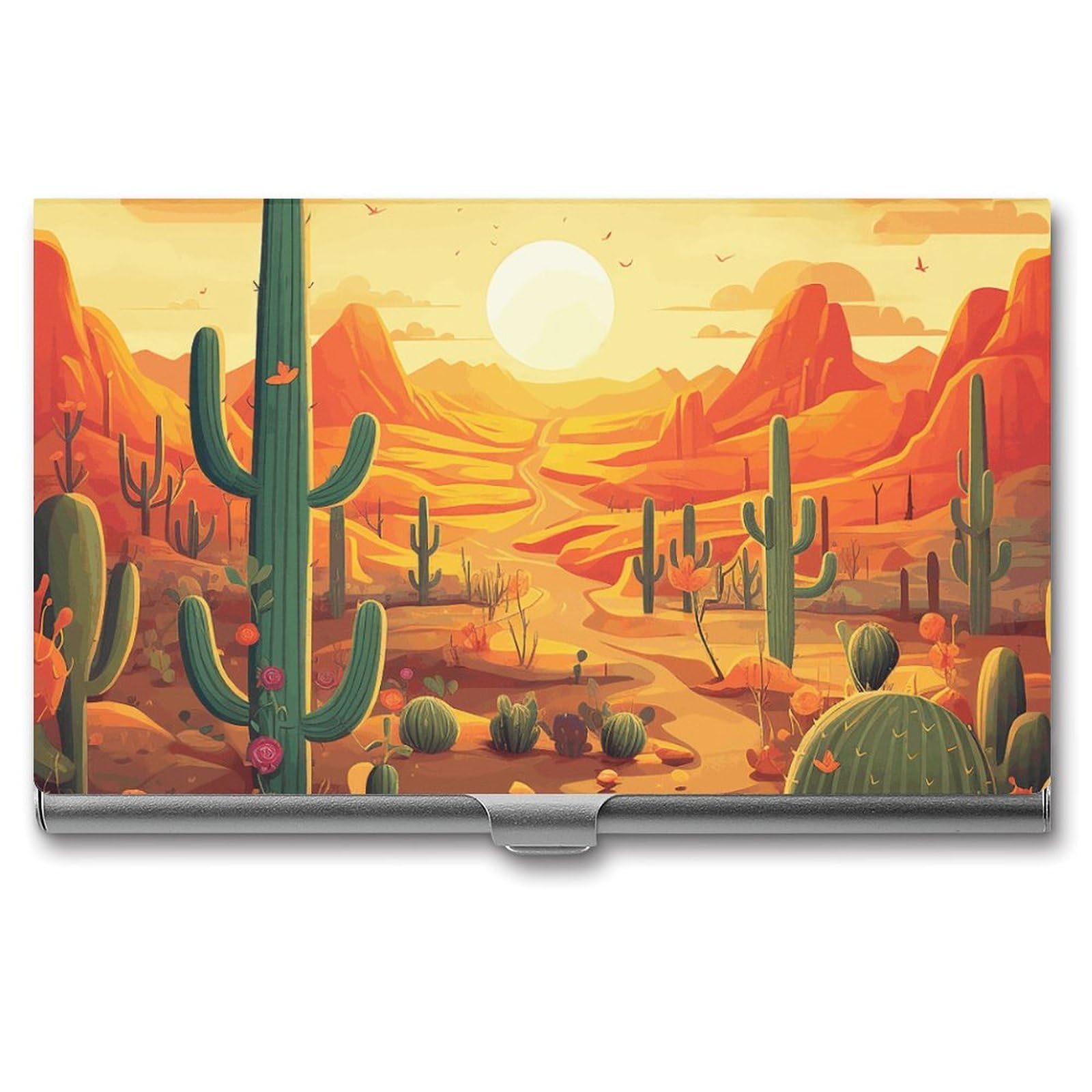 Lpsadgf Men's Cactus At Sunset Business Card Holder Slim - Metal Aluminum Alloy Credit Card Holder Case, Professional Flip Cover Business Cards Organizer Wallet For & Wo (Buckle Style)