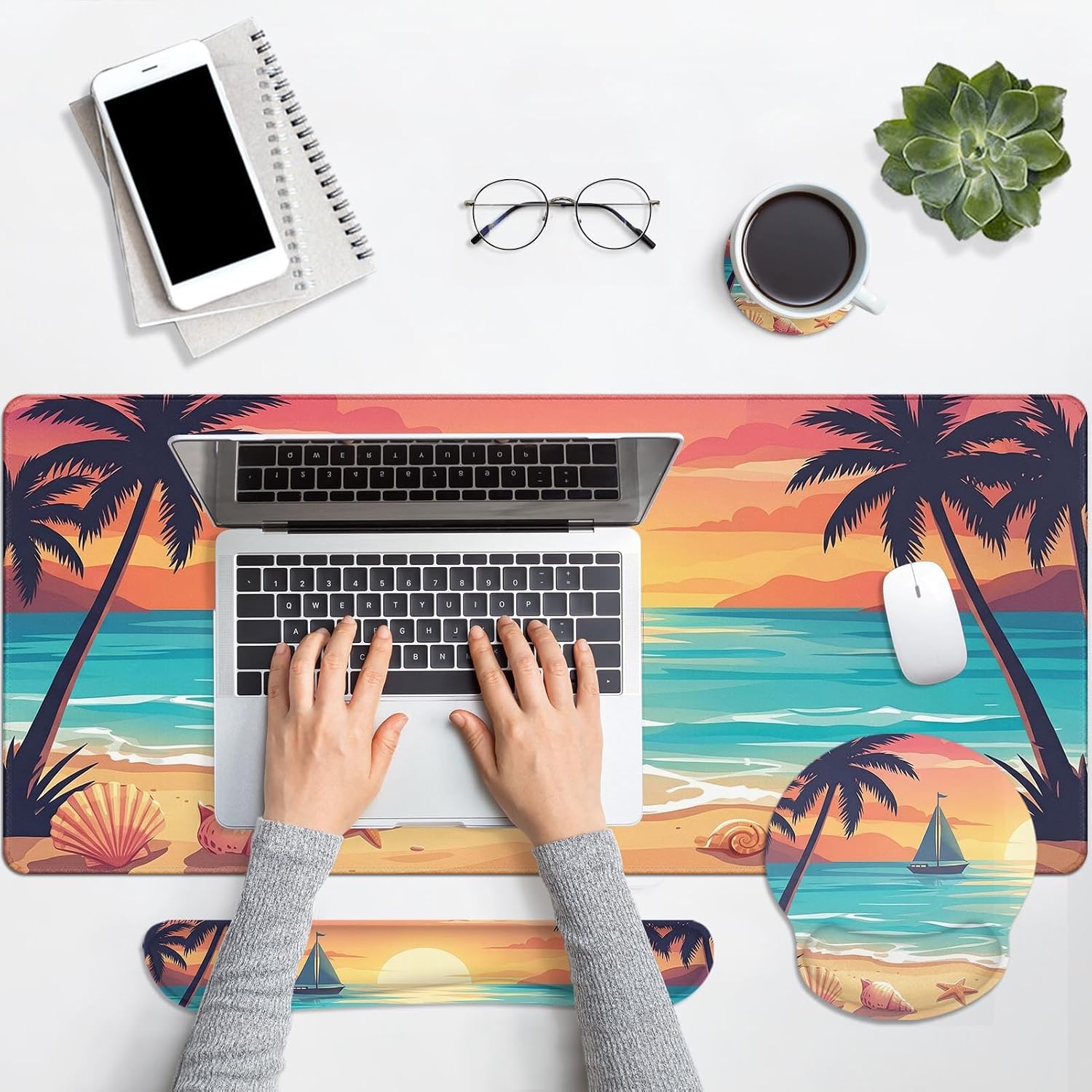 Arttown Ocean Beach Sailboat Desk Mat Tropical Mouse Pad Set 4 in 1 Ergonomic Design Large Mouse Pad + Keyboard Wrist Rest + Mouse Wrist Rest + Coaster Suitable for Home Office Study Game
